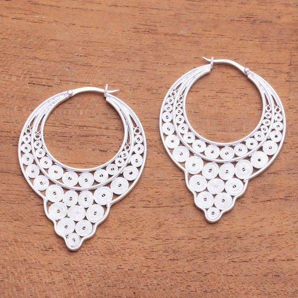 Alternate image for Circle Pattern Sterling Silver Filigree Hoop Earrings Circular Arrangement