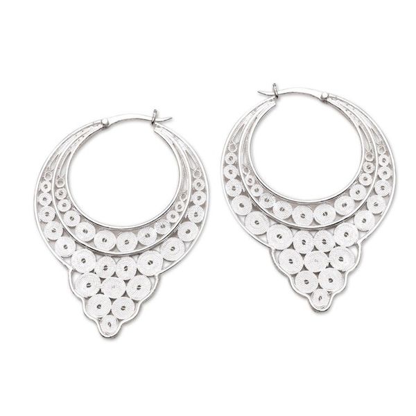 Alternate image for Circle Pattern Sterling Silver Filigree Hoop Earrings Circular Arrangement