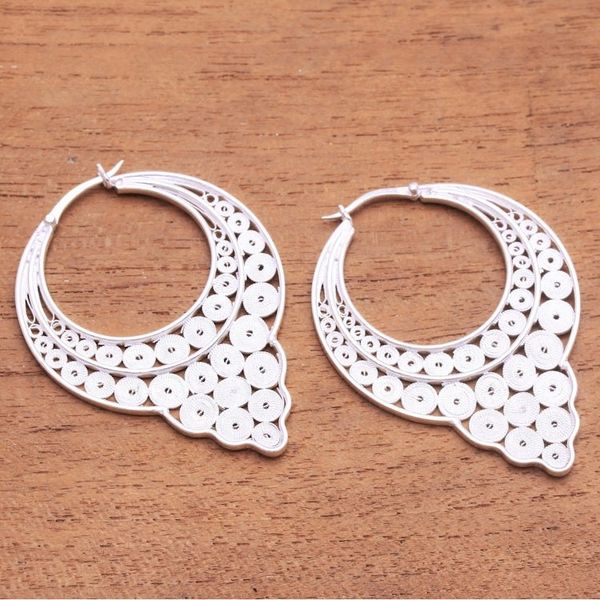 Alternate image for Circle Pattern Sterling Silver Filigree Hoop Earrings Circular Arrangement