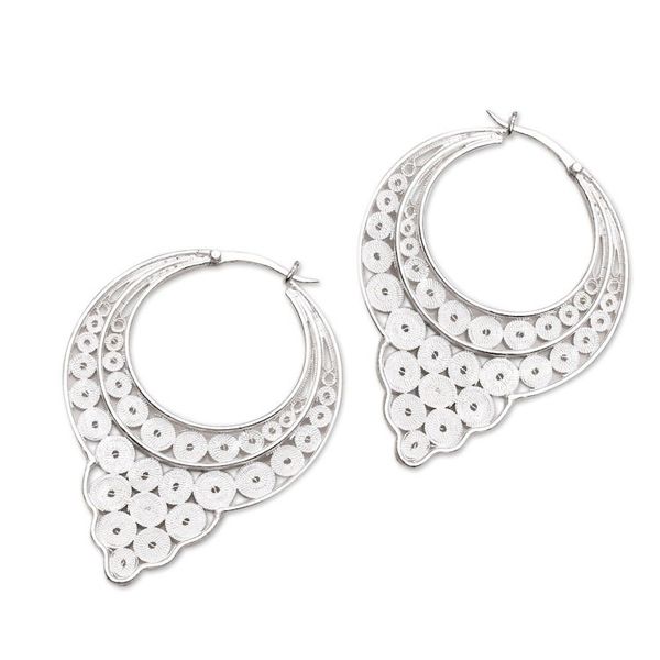 Alternate image for Circle Pattern Sterling Silver Filigree Hoop Earrings Circular Arrangement