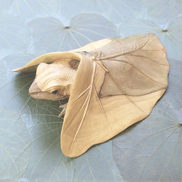 Alternate image for Hibiscus Wood Sculpture of Frog Under Leaf Shy Frog