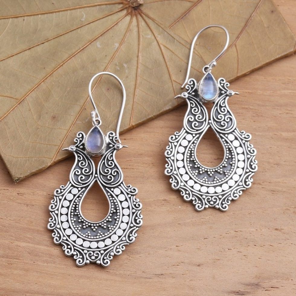 Sterling Silver Dangle Earrings with Rainbow Moonstone 'Sky's Heart'