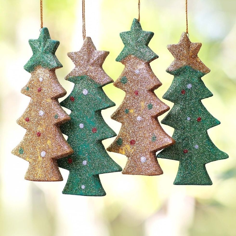 Sparkling Wood Christmas Tree Ornaments from Bali Set of 4 'Sparkling Christmas Trees'