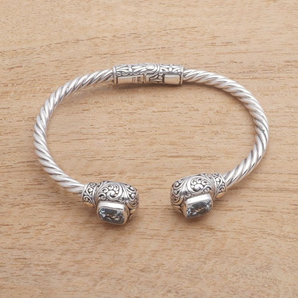 Gold Accented Rope Pattern Blue Topaz Cuff Bracelet 'Twin Lagoons'