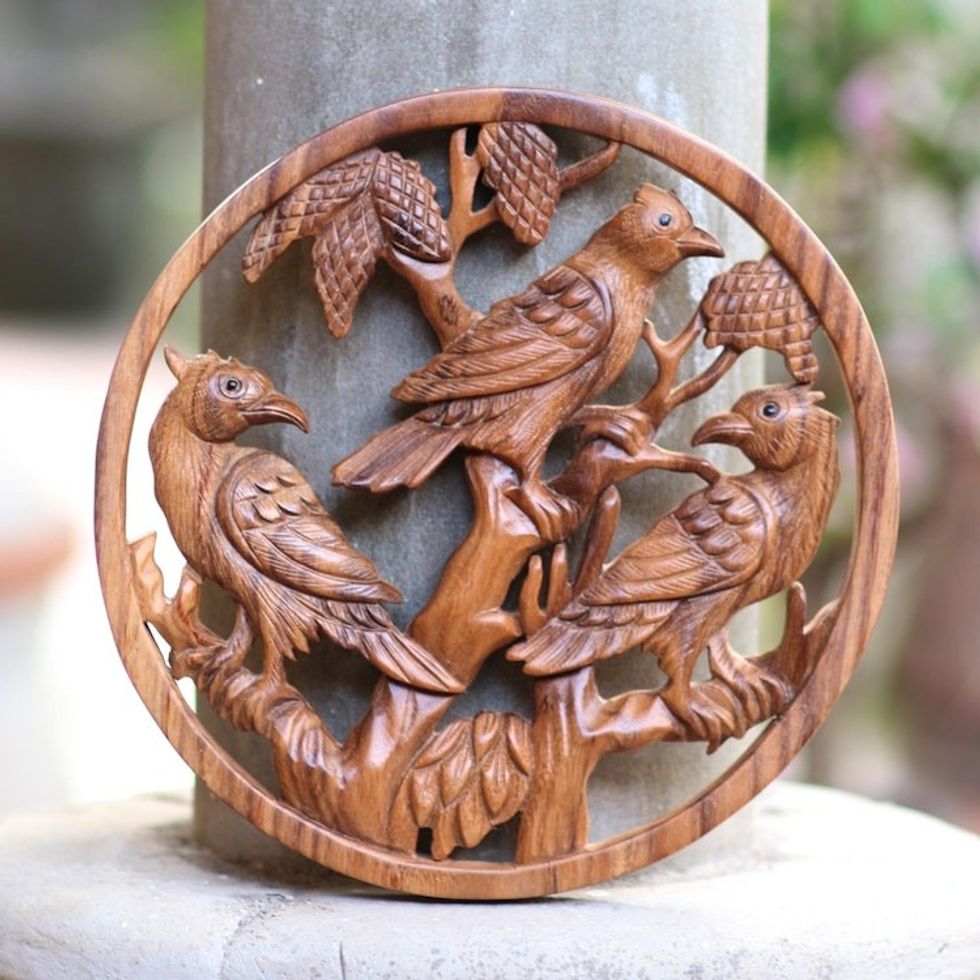 Hand-Carved Suar Wood Wall Panel Bird Motif 'Bird Habitat'