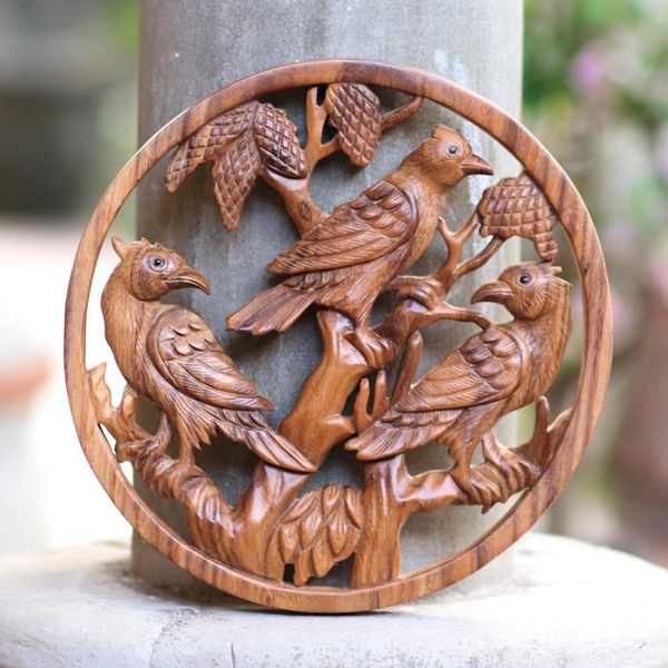 Alternate image for Hand-Carved Suar Wood Wall Panel Bird Motif Bird Habitat
