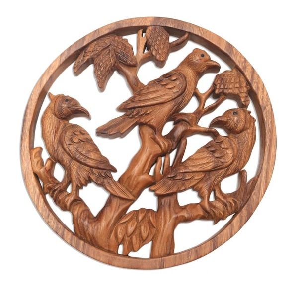 Alternate image for Hand-Carved Suar Wood Wall Panel Bird Motif Bird Habitat