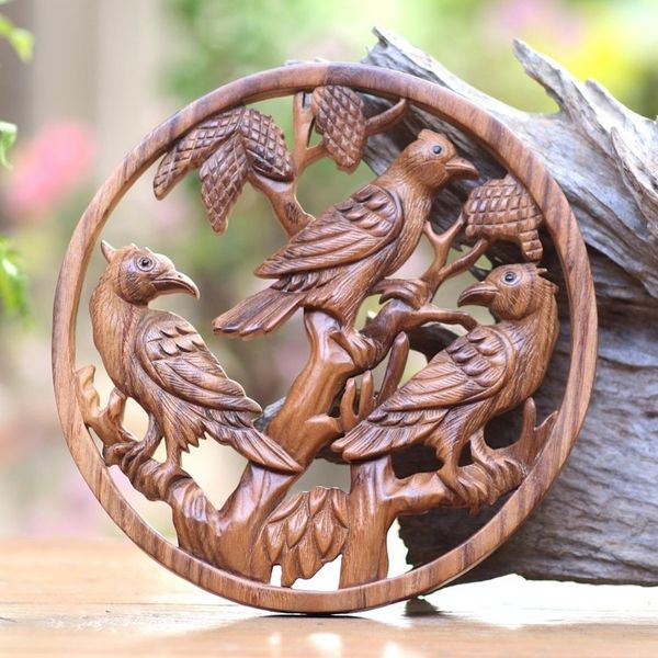 Alternate image for Hand-Carved Suar Wood Wall Panel Bird Motif Bird Habitat