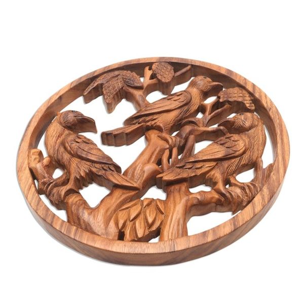 Alternate image for Hand-Carved Suar Wood Wall Panel Bird Motif Bird Habitat