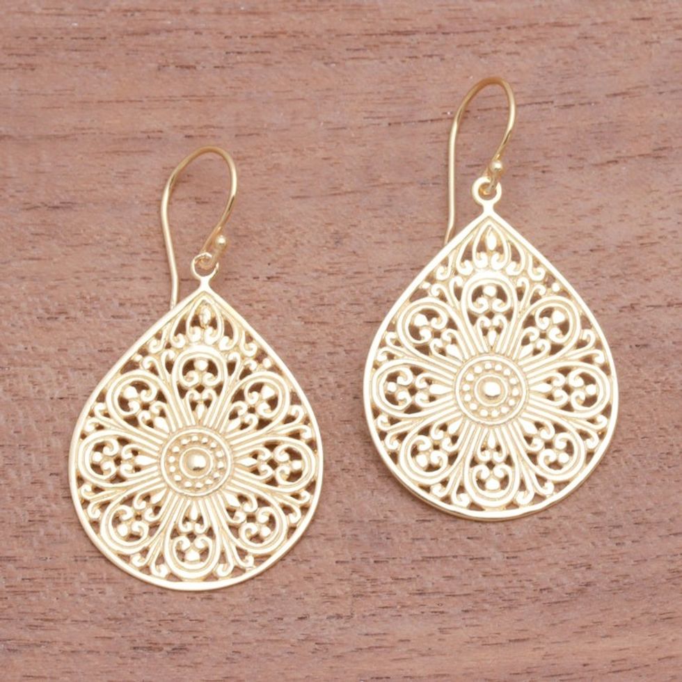 Drop-Shaped Gold Plated Sterling Silver Dangle Earrings 'Glorious Teardrops'