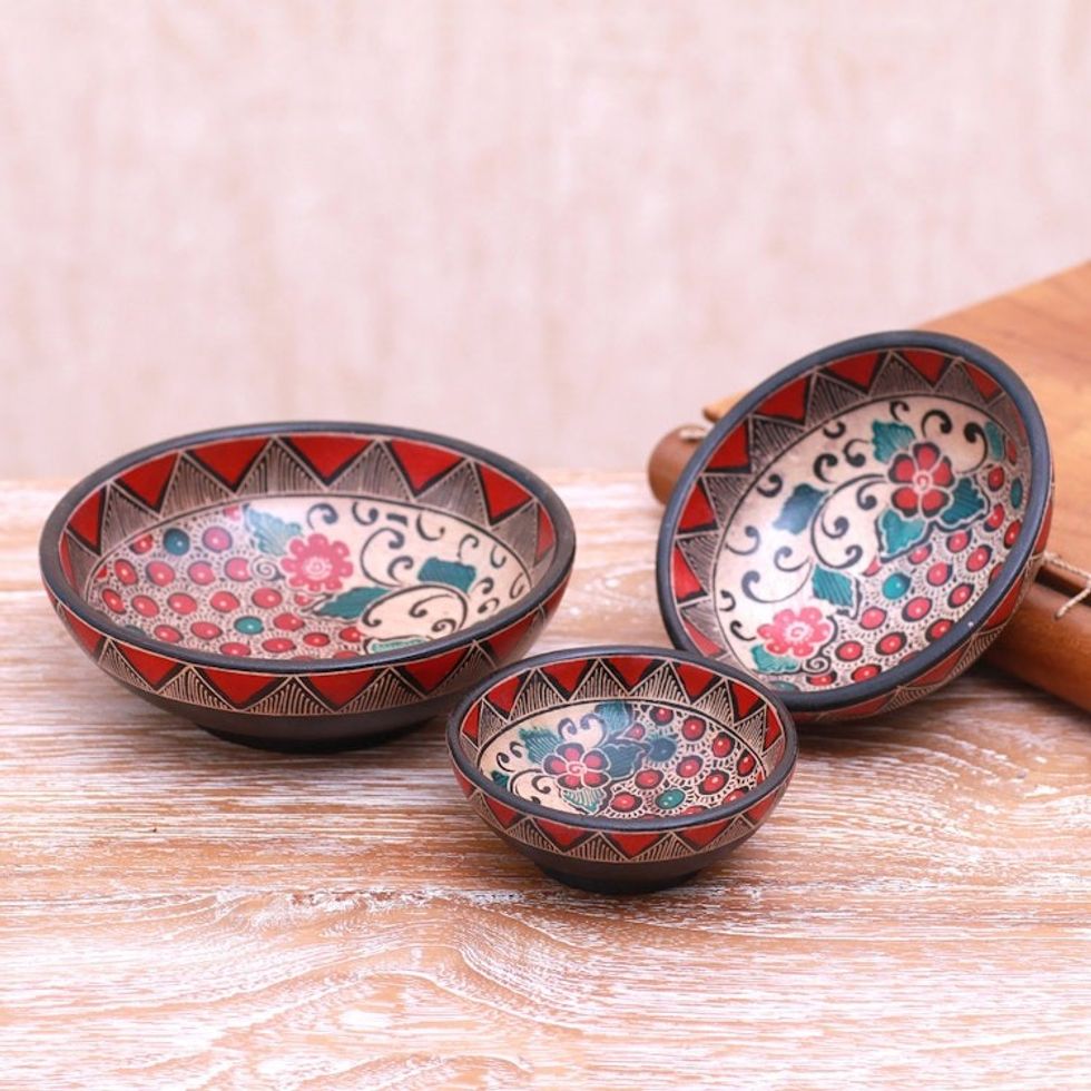 Floral Batik Wood Centerpieces from Java Set of 3 'Cherry Decor'