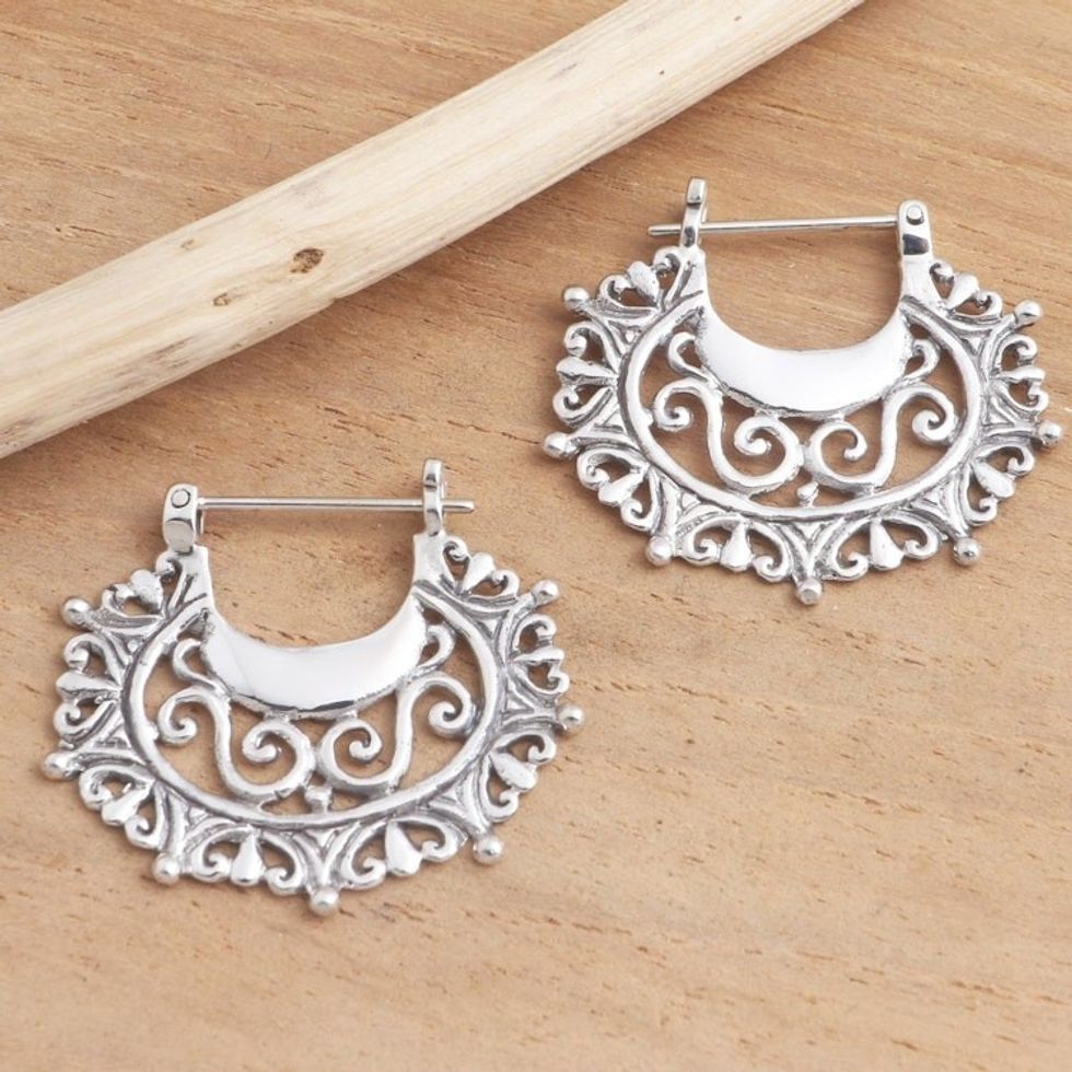 Balinese Sterling Silver Hoop Earrings 'Engraved Curves'