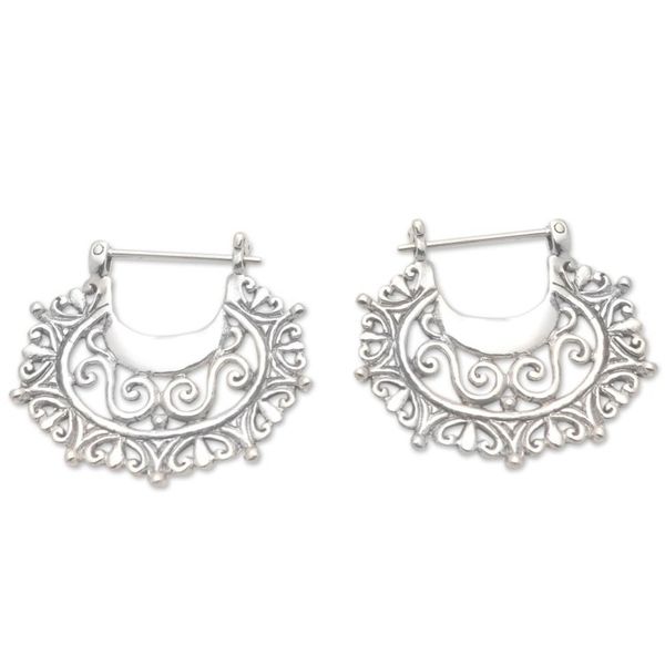 Alternate image for Balinese Sterling Silver Hoop Earrings Engraved Curves
