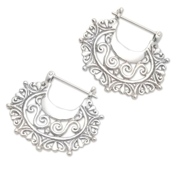 Alternate image for Balinese Sterling Silver Hoop Earrings Engraved Curves
