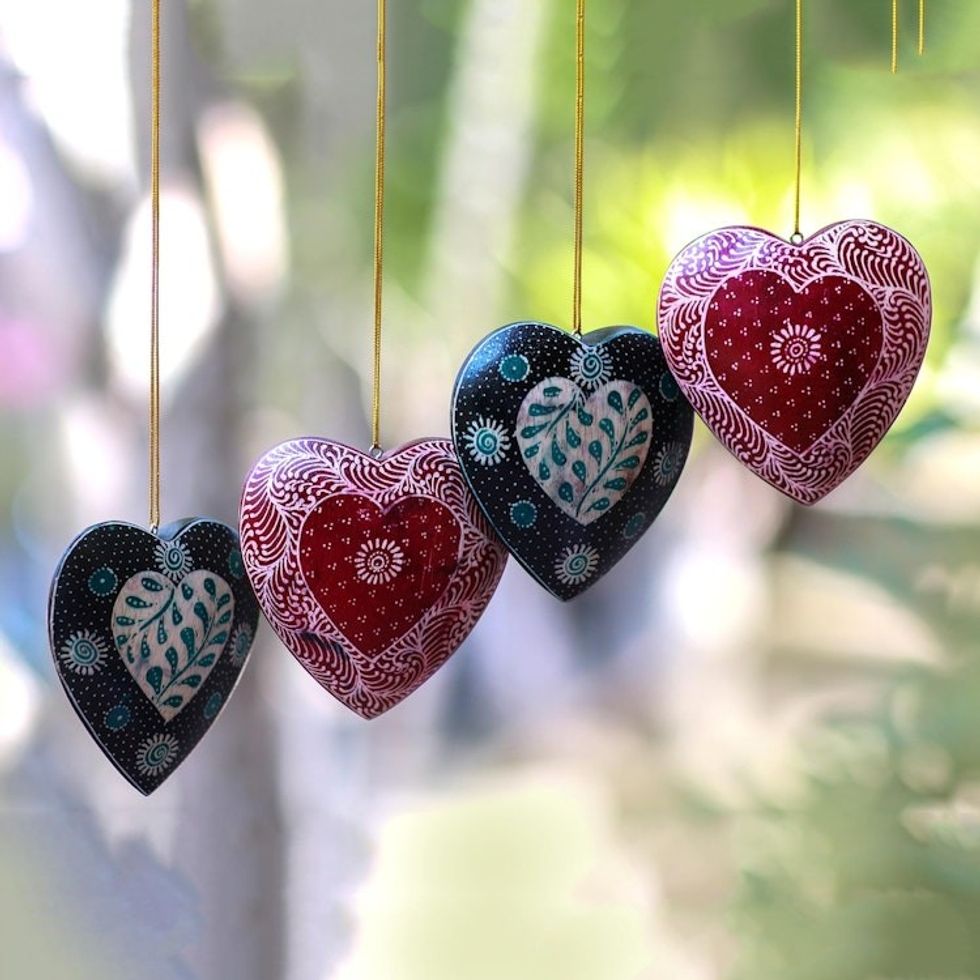 Leaf Motif Batik Wood Ornaments from Java Set of 4 'Traditional Nature'