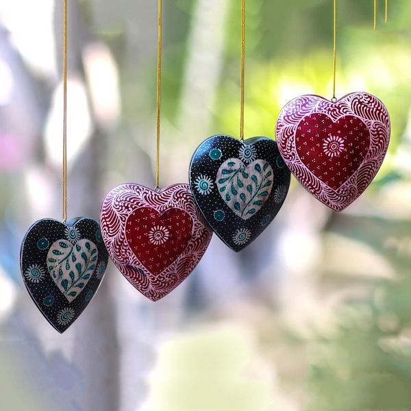 Alternate image for Leaf Motif Batik Wood Ornaments from Java Set of 4 Traditional Nature
