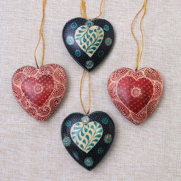 Alternate image for Leaf Motif Batik Wood Ornaments from Java Set of 4 Traditional Nature