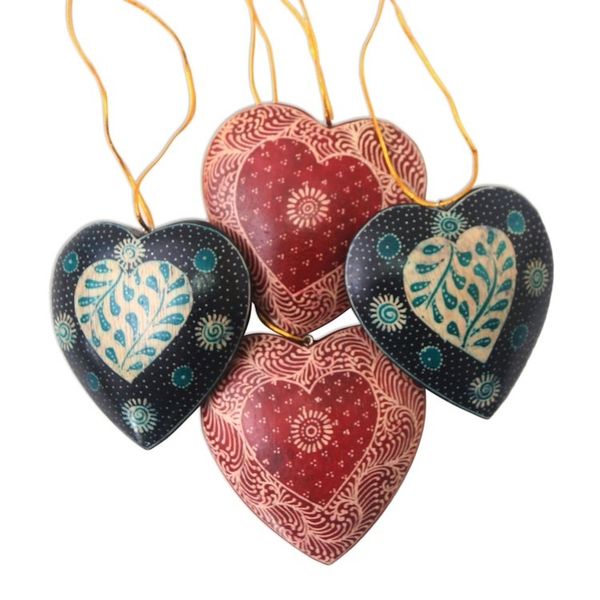 Alternate image for Leaf Motif Batik Wood Ornaments from Java Set of 4 Traditional Nature
