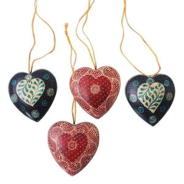 Alternate image for Leaf Motif Batik Wood Ornaments from Java Set of 4 Traditional Nature