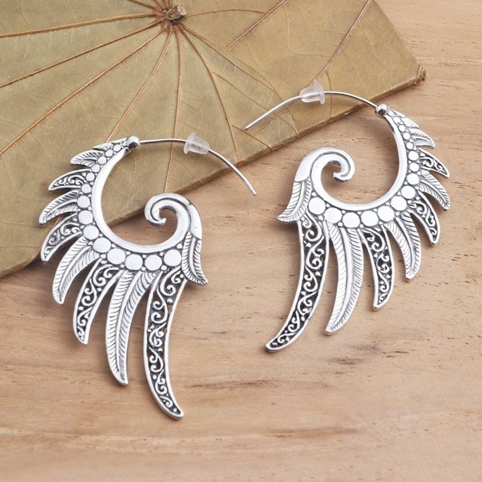 Feather Motif Sterling Silver Half-Hoop Earrings 'Feathered Garland'