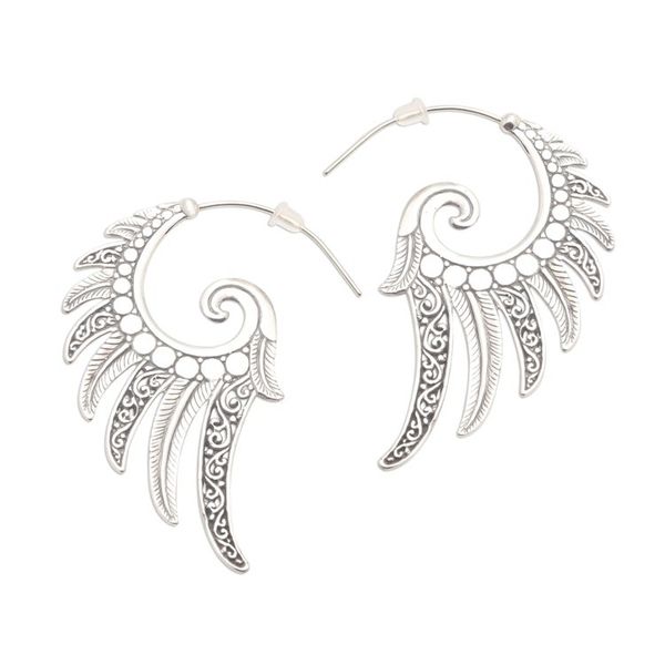 Alternate image for Feather Motif Sterling Silver Half-Hoop Earrings Feathered Garland