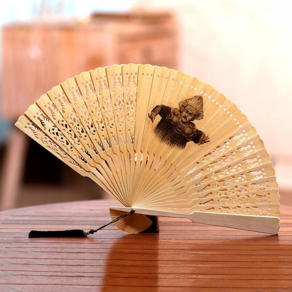 Baris Dance Mahogany Wood Hand Fan from Bali 'Baris Dance'