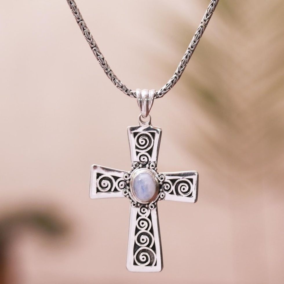 Rainbow Moonstone Cross Pendant Necklace from Bali 'Mesmerizing Faith'
