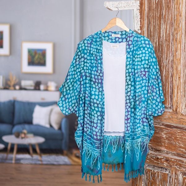 Alternate image for Blue Batik Rayon Kimono Topper for Women Bubbles