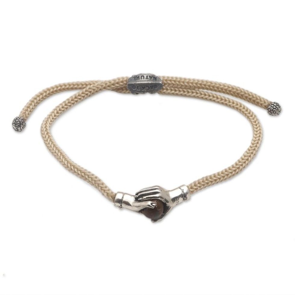 Bali Tiger's Eye Sterling Silver Beige Cord Unity Bracelet 'Silver Beige Handshake'