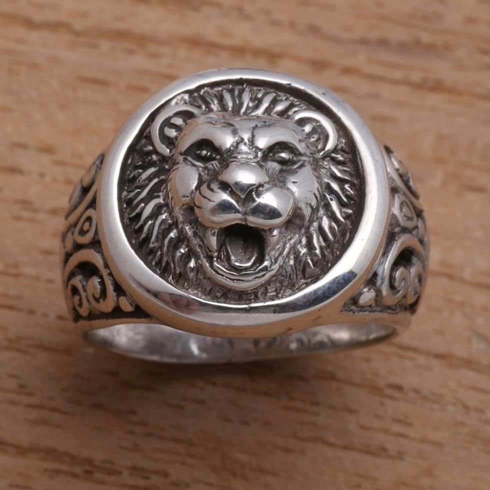 Men's Sterling Silver Lion Ring from Bali 'Lion Strength'