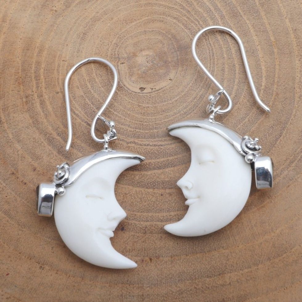 Moon and Citrine Sterling Silver Dangle Earrings 'Sleeping Moon in Yellow'