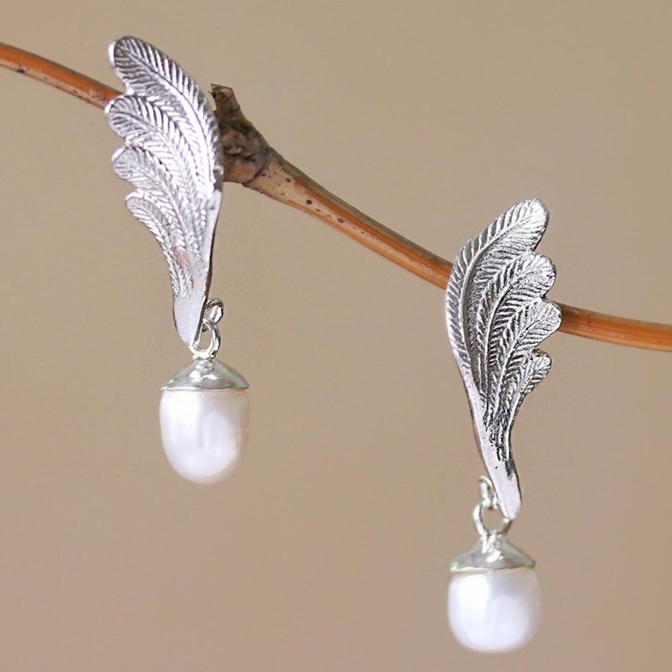 Wing-Shaped Cultured Pearl Dangle Earrings from Bali 'Heavenly Plumes'