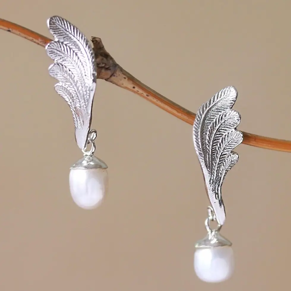 Wing-Shaped Cultured Pearl Dangle Earrings from Bali 'Heavenly Plumes'