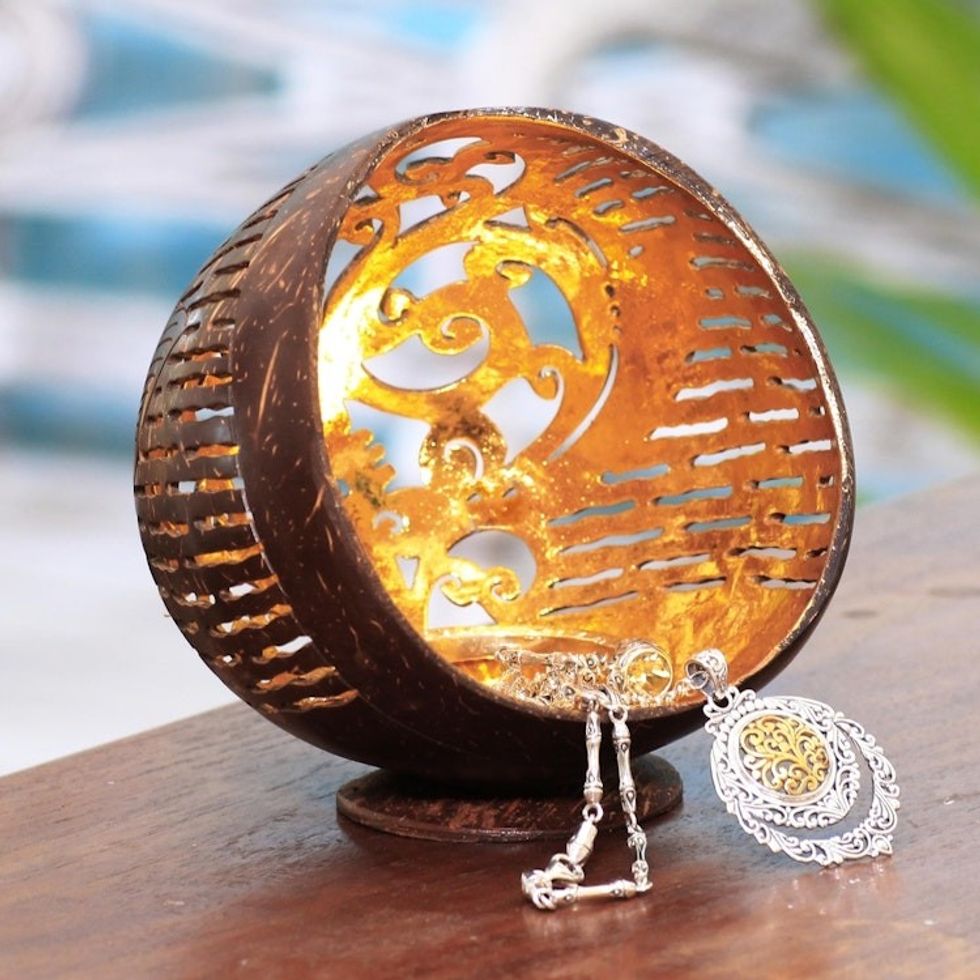 Openwork Pattern Coconut Shell Catchall from Bali 'Golden Palace'