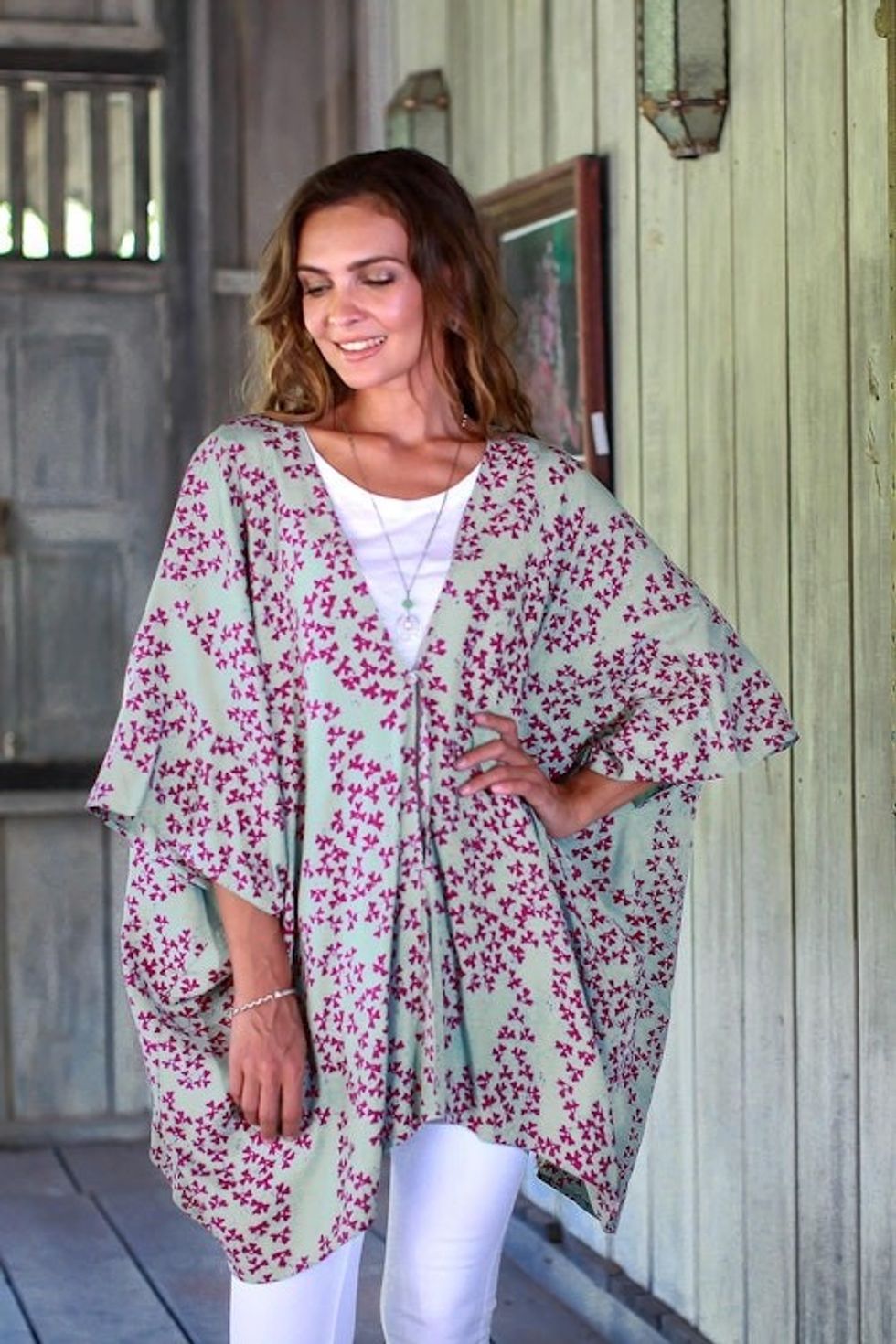Batik Rayon Kimono Jacket in Mint and Magenta from Bali 'Fall Design'