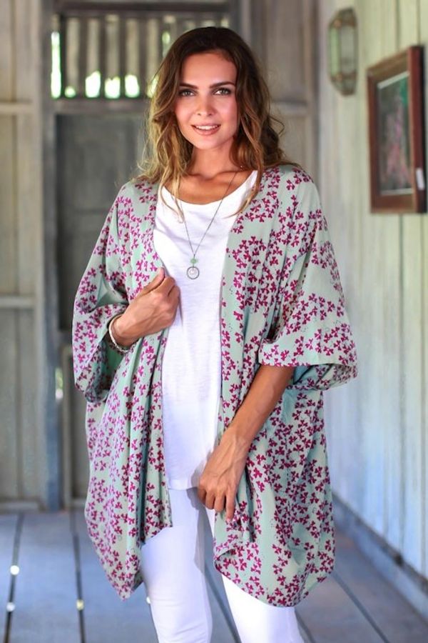 Alternate image for Batik Rayon Kimono Jacket in Mint and Magenta from Bali Fall Design