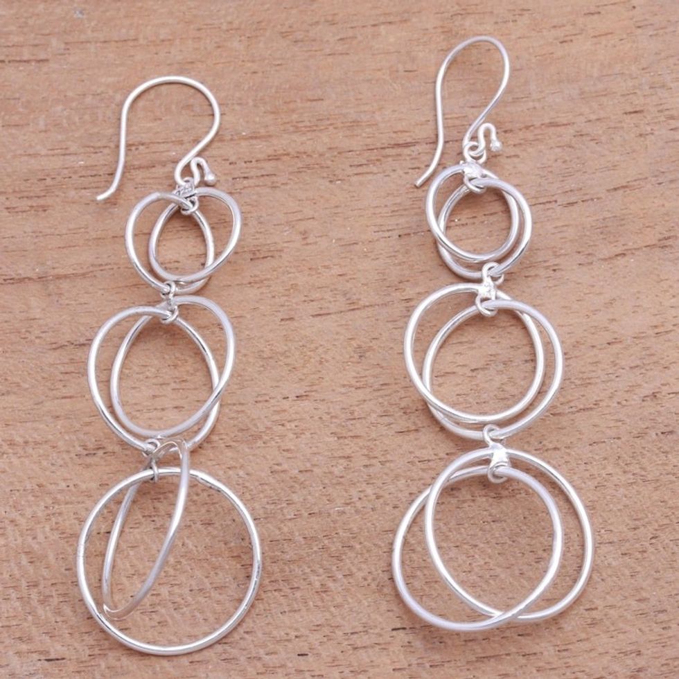 Circular Sterling Silver Dangle Earrings from Bali 'Interlocking Orbits'