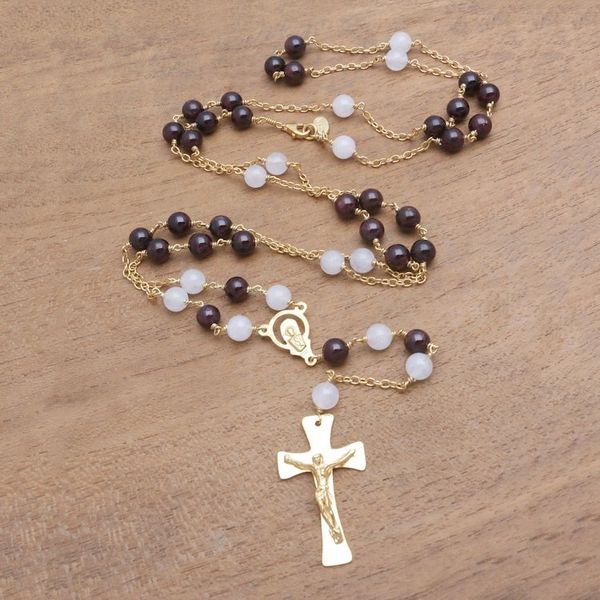 Alternate image for Gold Plated Garnet and Moonstone Rosary from Bali Gemstone Cross