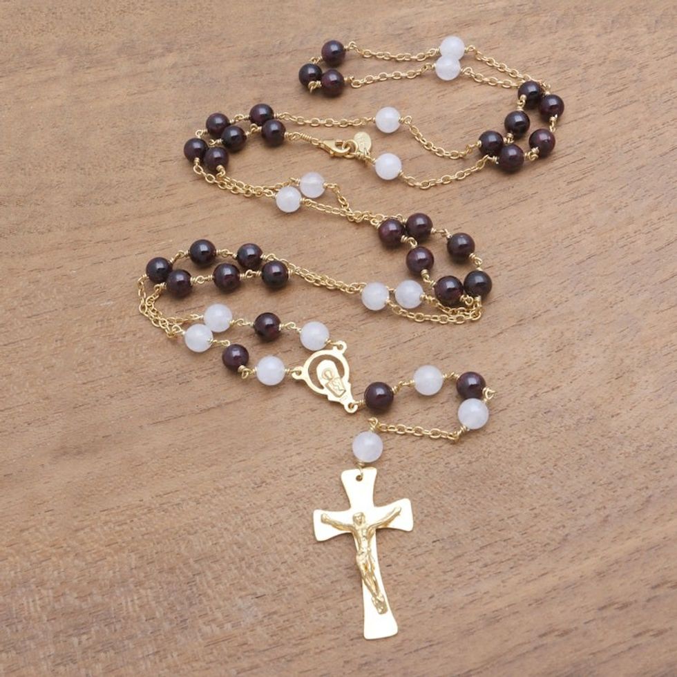 Gold Plated Garnet and Moonstone Rosary from Bali 'Gemstone Cross'