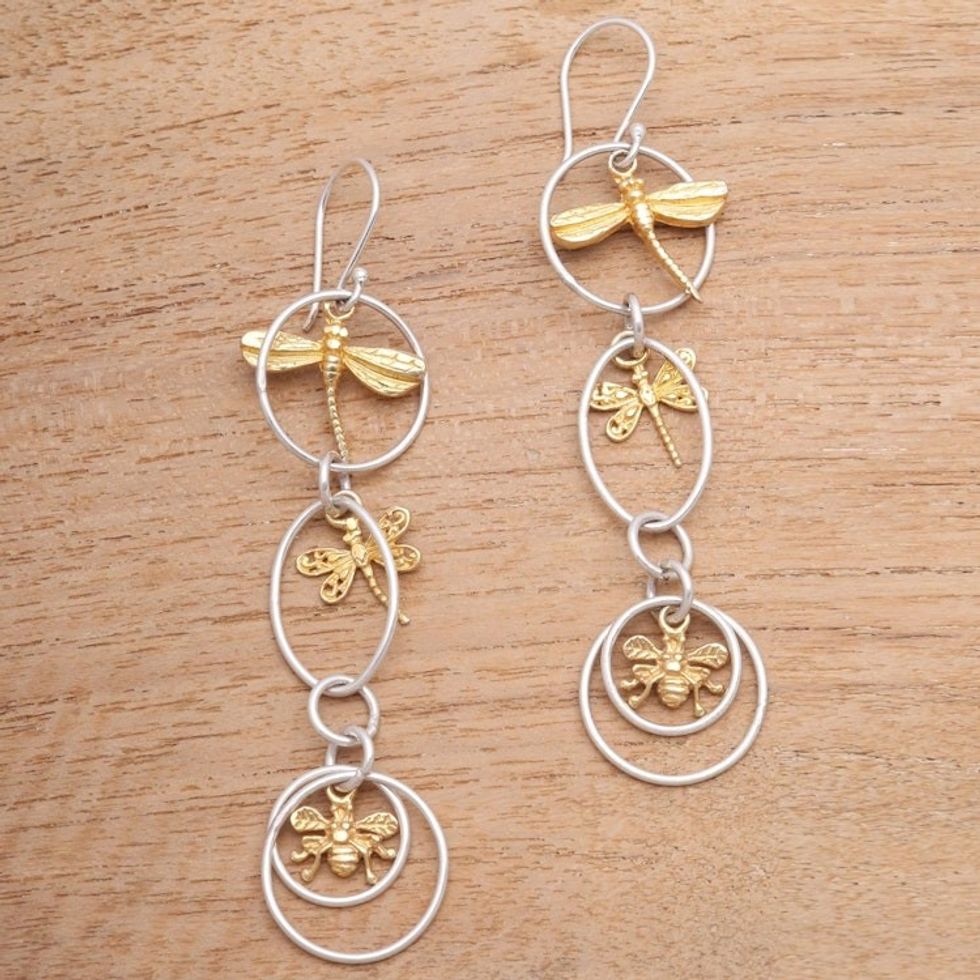 Bug-Themed Gold Accented Sterling Silver Dangle Earrings 'Golden Bugs'
