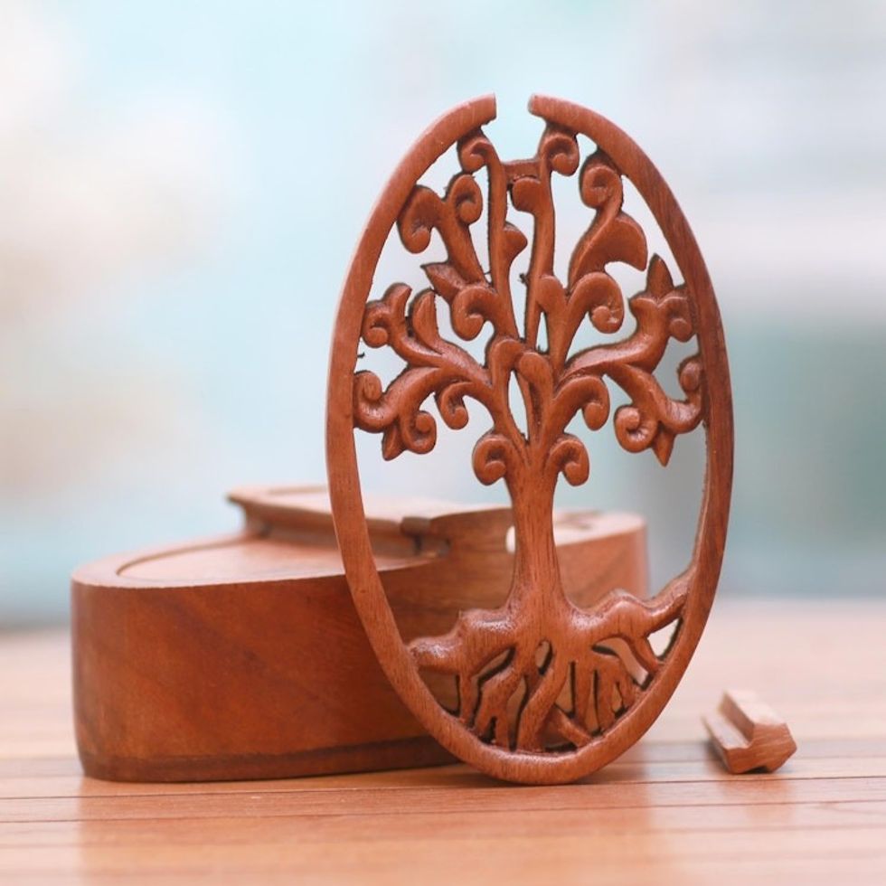 Tree-Themed Suar Wood Puzzle Box from Bali 'Tree Oval'