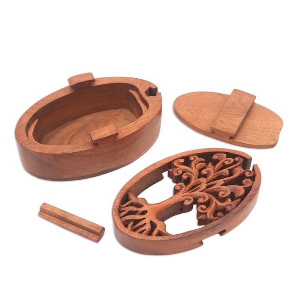 Alternate image for Tree-Themed Suar Wood Puzzle Box from Bali Tree Oval
