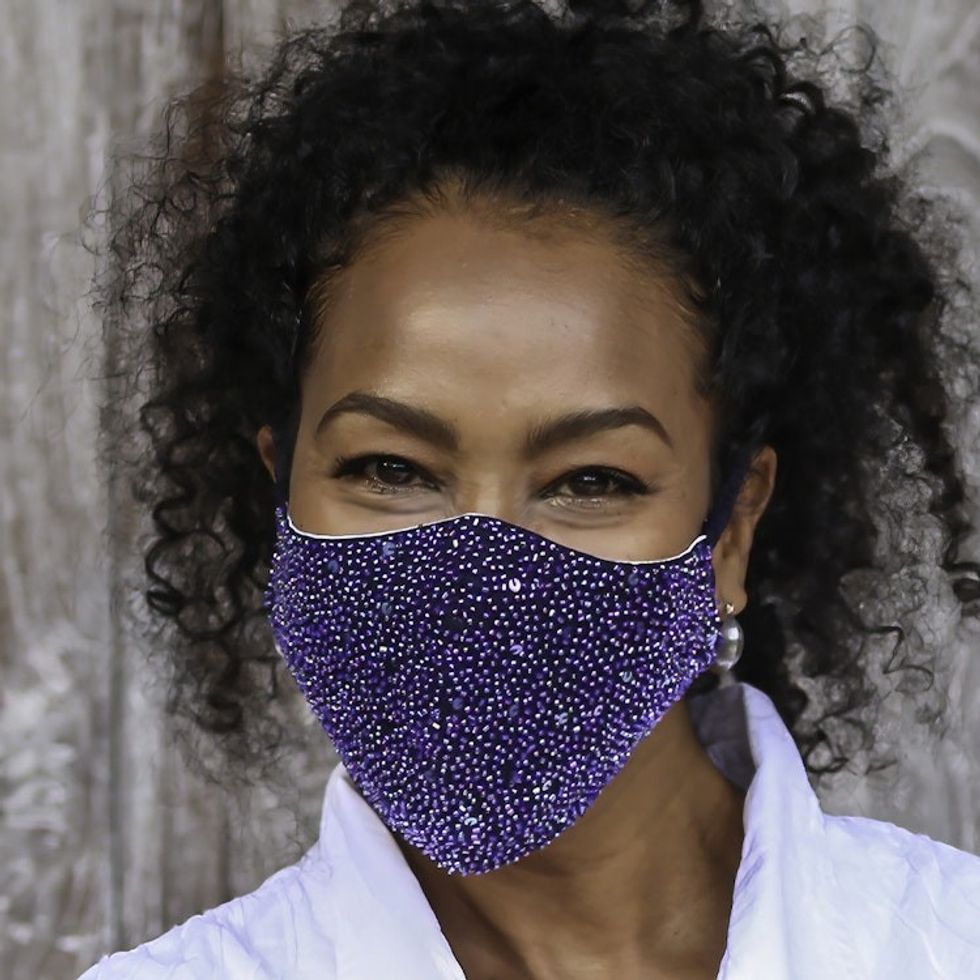 2 Hand Beaded Cotton Contoured Face Masks in White and Blue 'Glamour and Sparkle'
