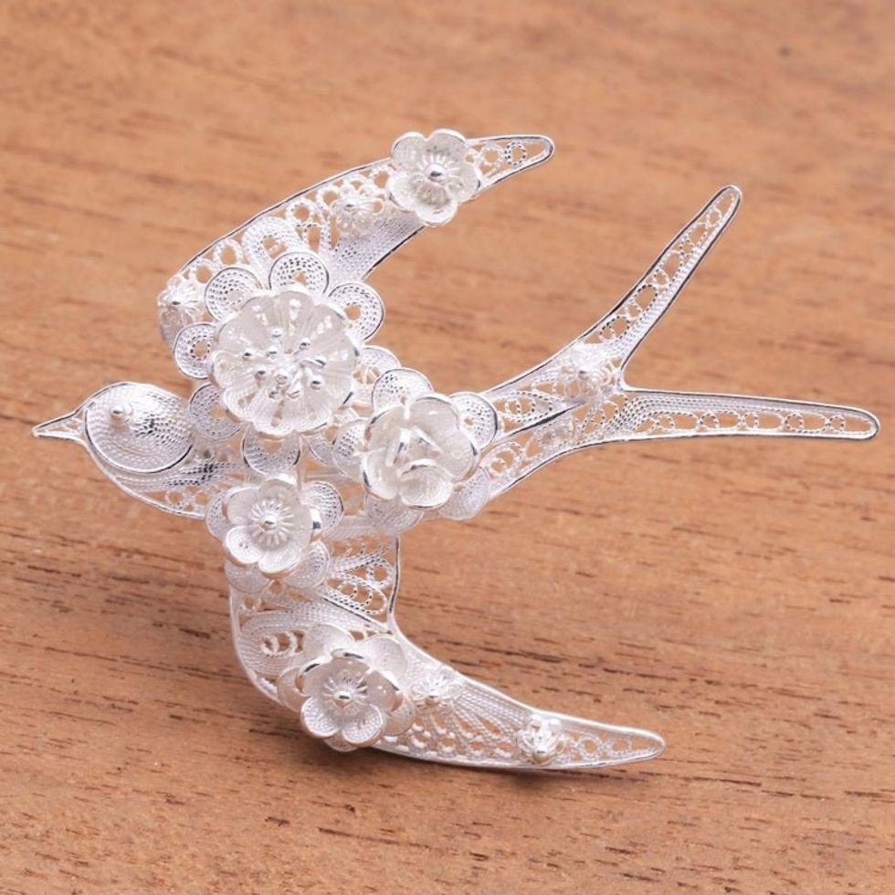 Sterling Silver Filigree Swallow Brooch from Java 'Intricate Swallow'