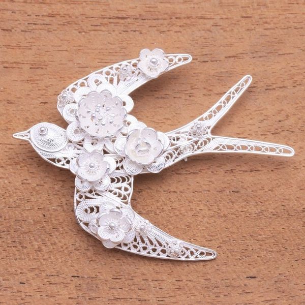 Alternate image for Sterling Silver Filigree Swallow Brooch from Java Intricate Swallow