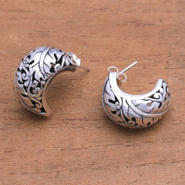 Alternate image for Leaf Motif Sterling Silver Half-Hoop Earrings from Bali Suspended Leaves