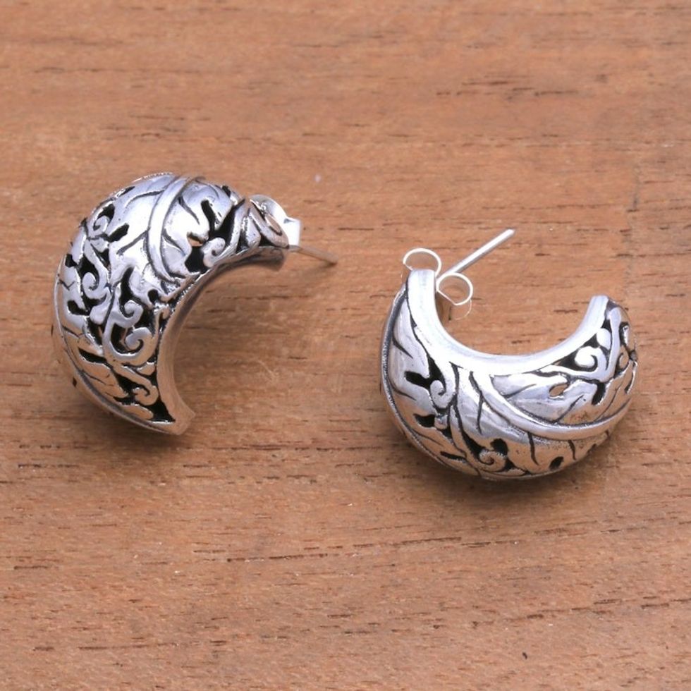 Leaf Motif Sterling Silver Half-Hoop Earrings from Bali 'Suspended Leaves'
