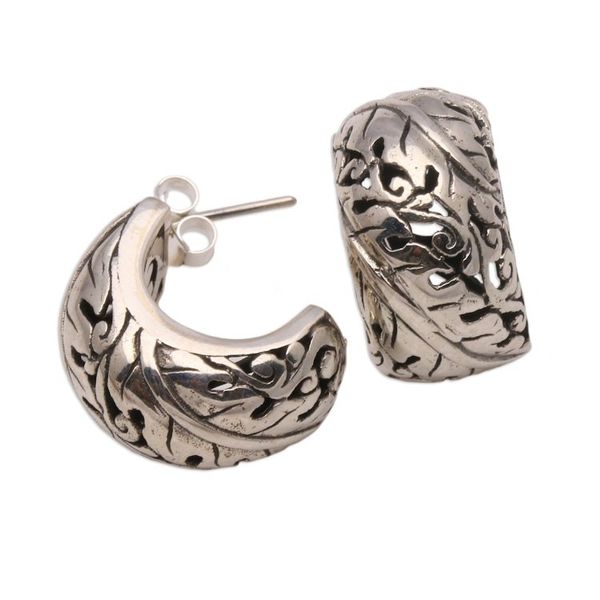 Alternate image for Leaf Motif Sterling Silver Half-Hoop Earrings from Bali Suspended Leaves