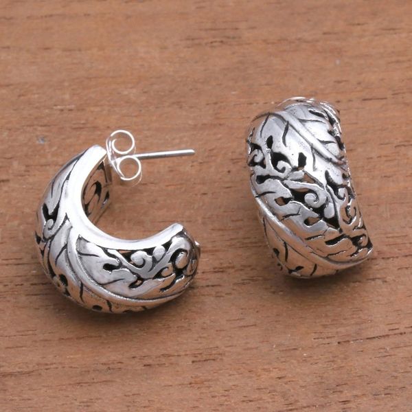 Alternate image for Leaf Motif Sterling Silver Half-Hoop Earrings from Bali Suspended Leaves