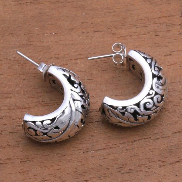 Alternate image for Leaf Motif Sterling Silver Half-Hoop Earrings from Bali Suspended Leaves